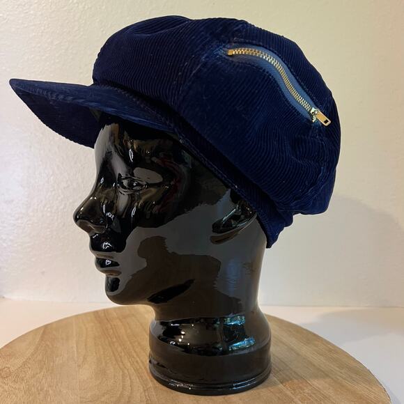 Vintage 1970s Blue 100% Cotton Corduroy Newsboy Slouchy Zipper Hat One Size - Picture 11 of 12